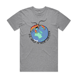 World Is Your Lobster Tee by Lonely Kids Club. All clothing from our T-shirts to our shorts and hoodies are ethically made, and printed packed and shipped from Sydney.