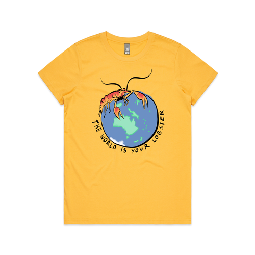 World Is Your Lobster Tee by Lonely Kids Club. All clothing from our T-shirts to our shorts and hoodies are ethically made, and printed packed and shipped from Sydney.