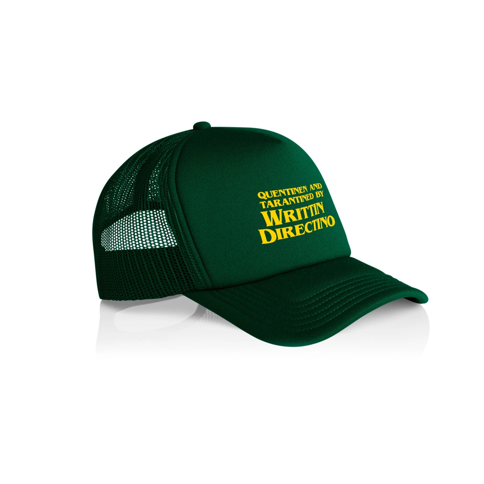 Forest Green trucker cap with Writtin Directino Hat graphic by Lonely Kids Club