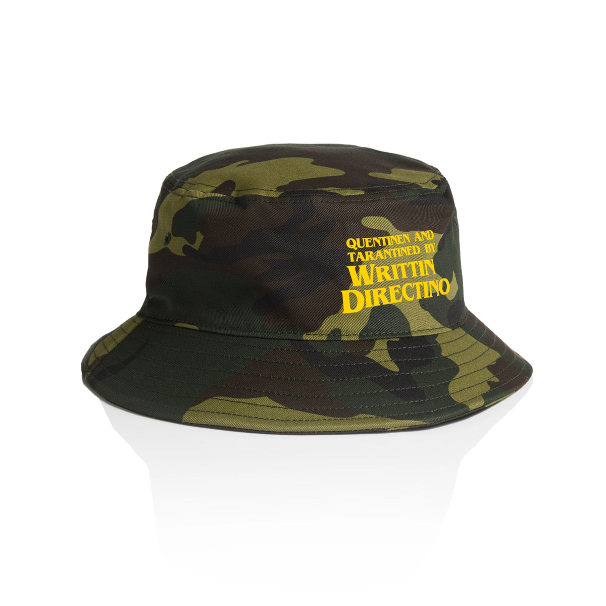 Camouflage bucket hat with Writtin Directino Hat graphic by Lonely Kids Club