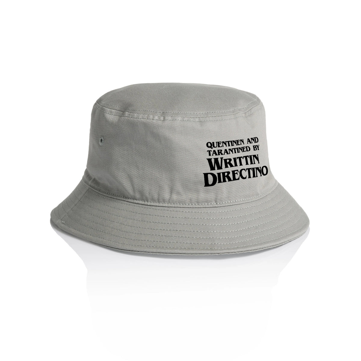 Grey bucket hat with Writtin Directino Hat graphic by Lonely Kids Club