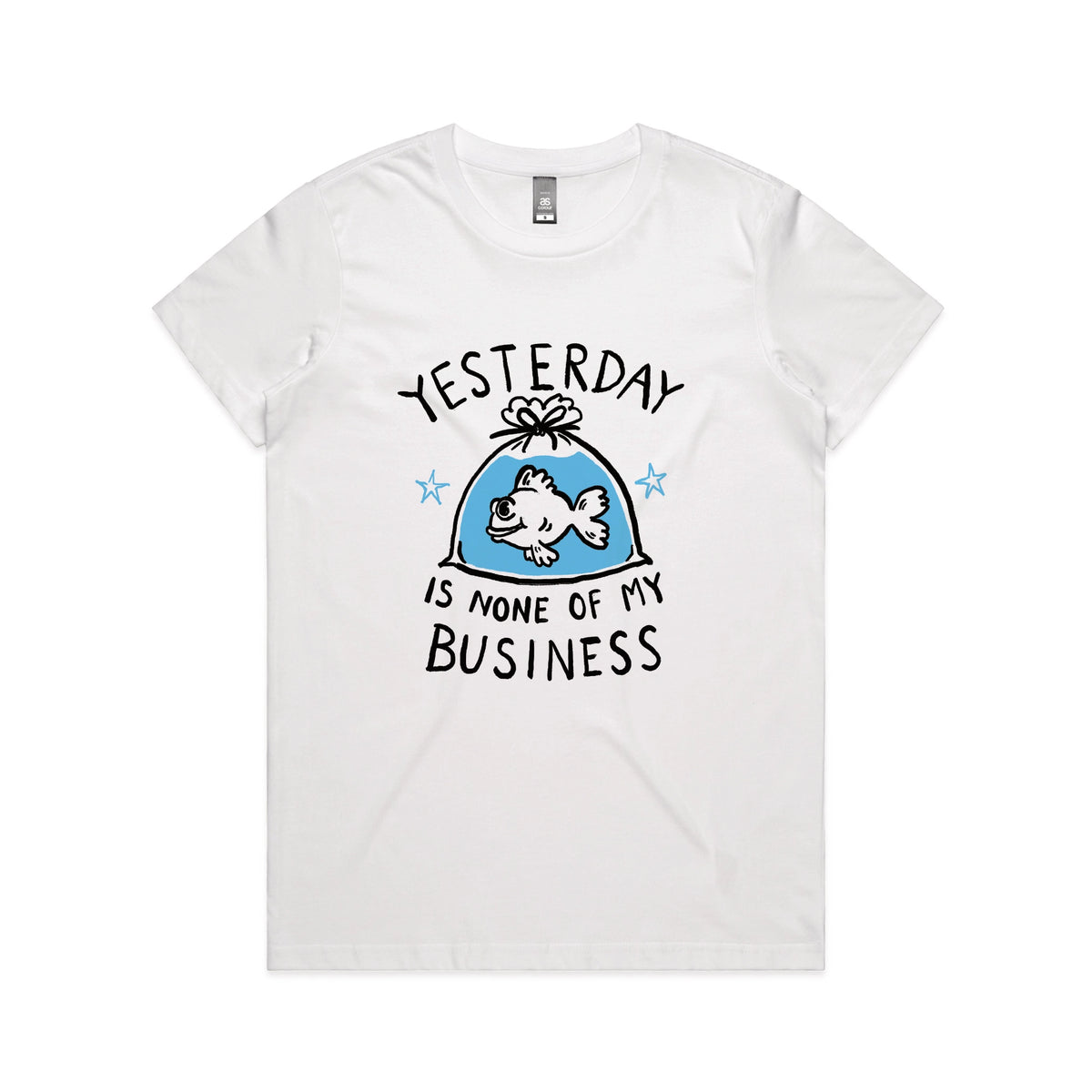 White fitted womens t-shirt with Yesterday graphic by Lonely Kids Club