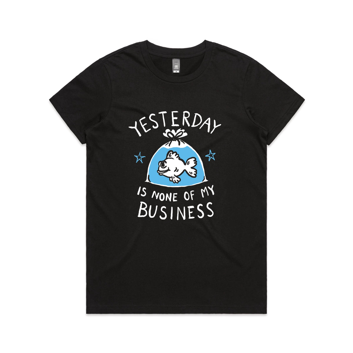 Black fitted womens t-shirt with Yesterday graphic by Lonely Kids Club
