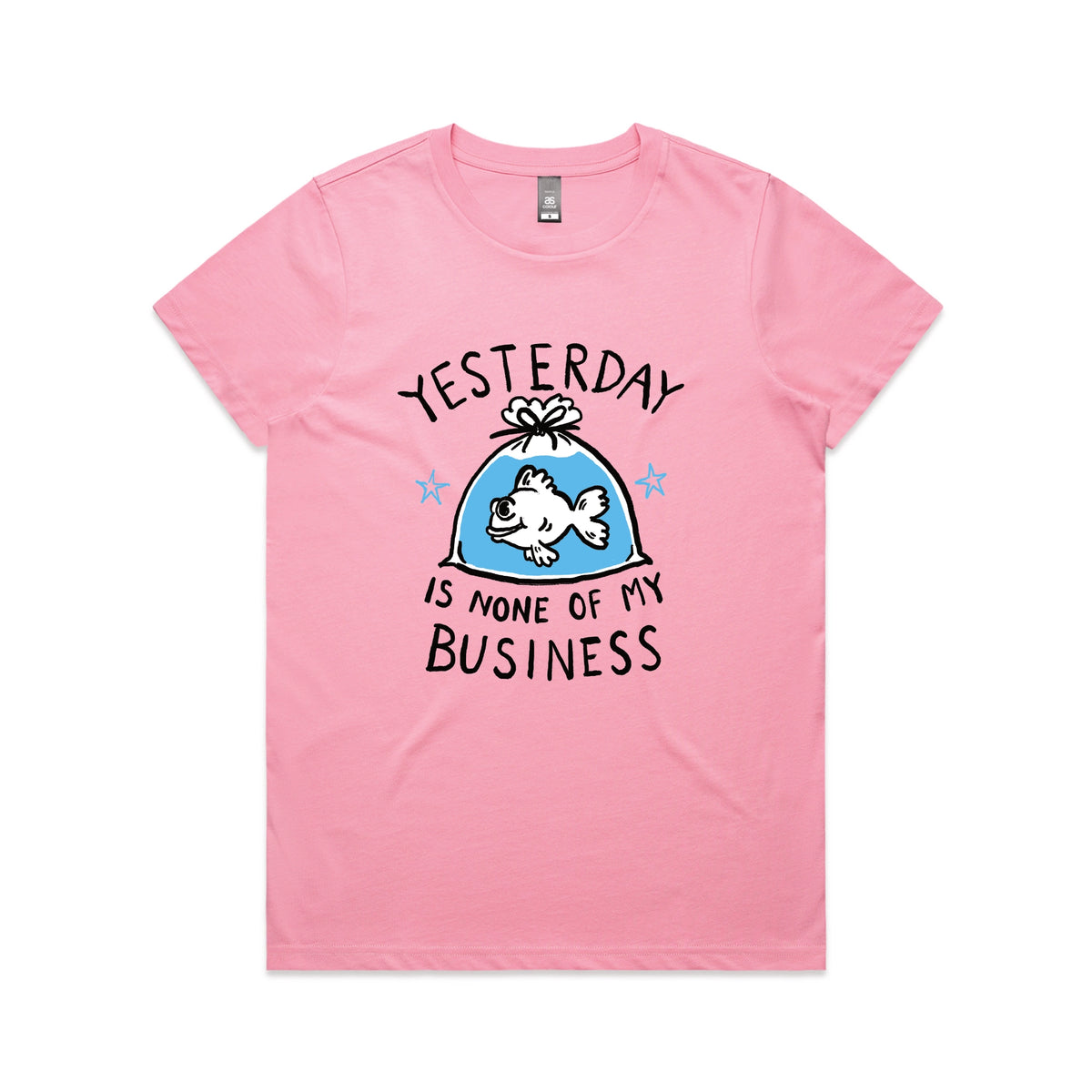 Bubblegum fitted womens t-shirt with Yesterday graphic by Lonely Kids Club