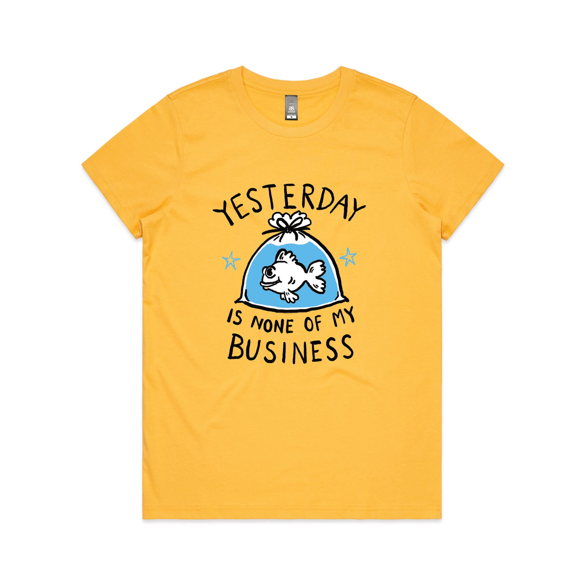 Yellow fitted womens t-shirt with Yesterday graphic by Lonely Kids Club