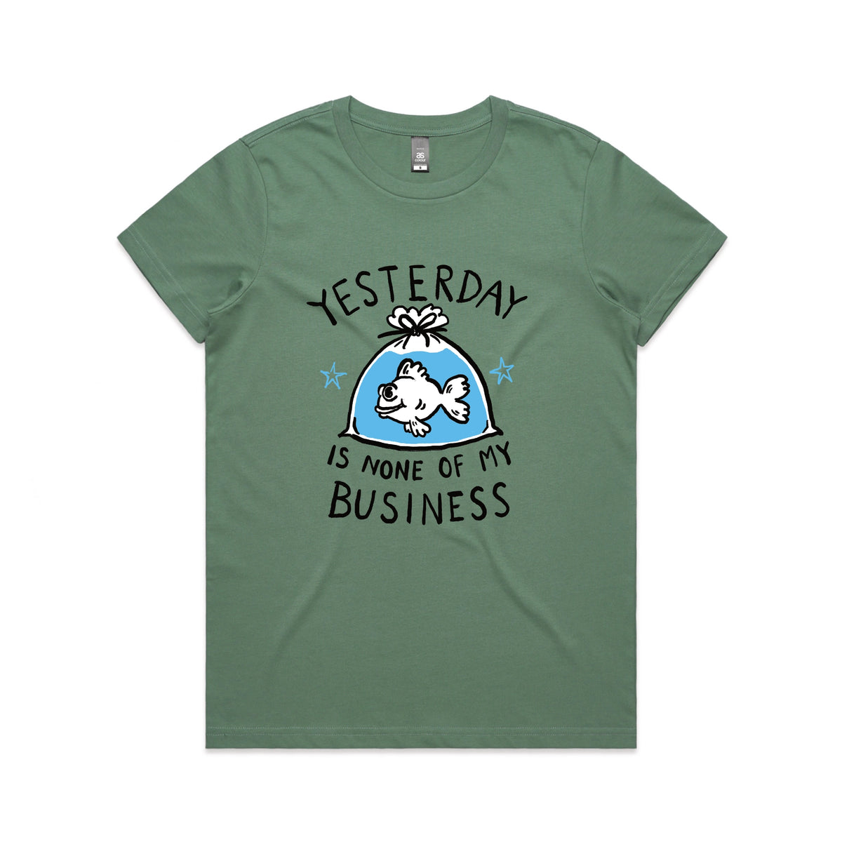 Sage fitted womens t-shirt with Yesterday graphic by Lonely Kids Club