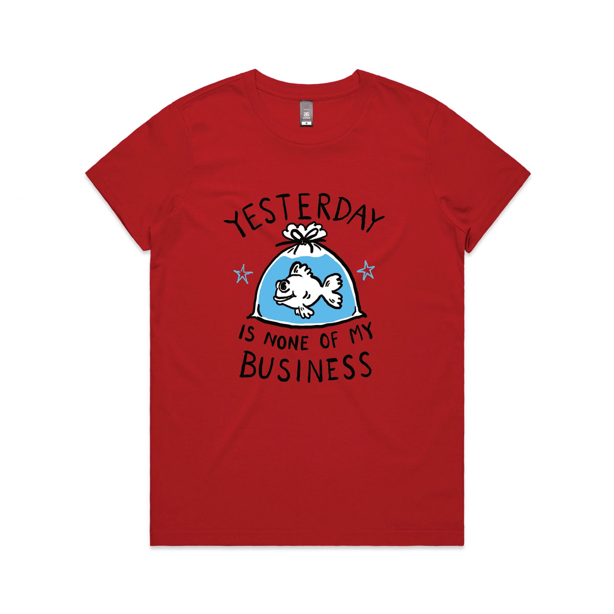Red fitted womens t-shirt with Yesterday graphic by Lonely Kids Club