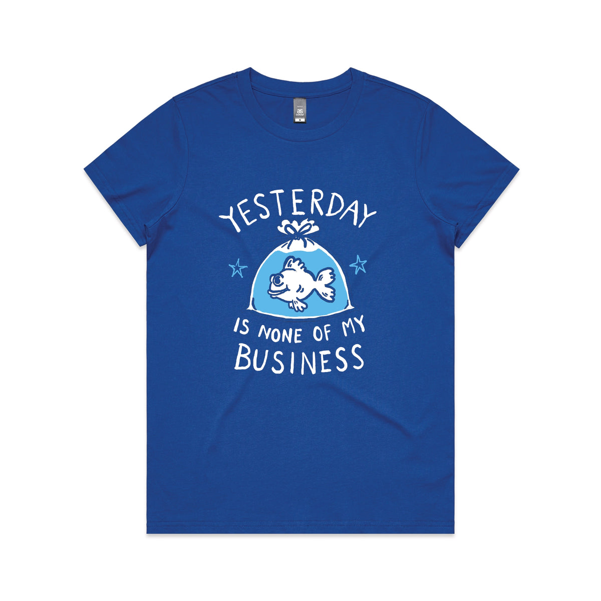 Royal Blue fitted womens t-shirt with Yesterday graphic by Lonely Kids Club