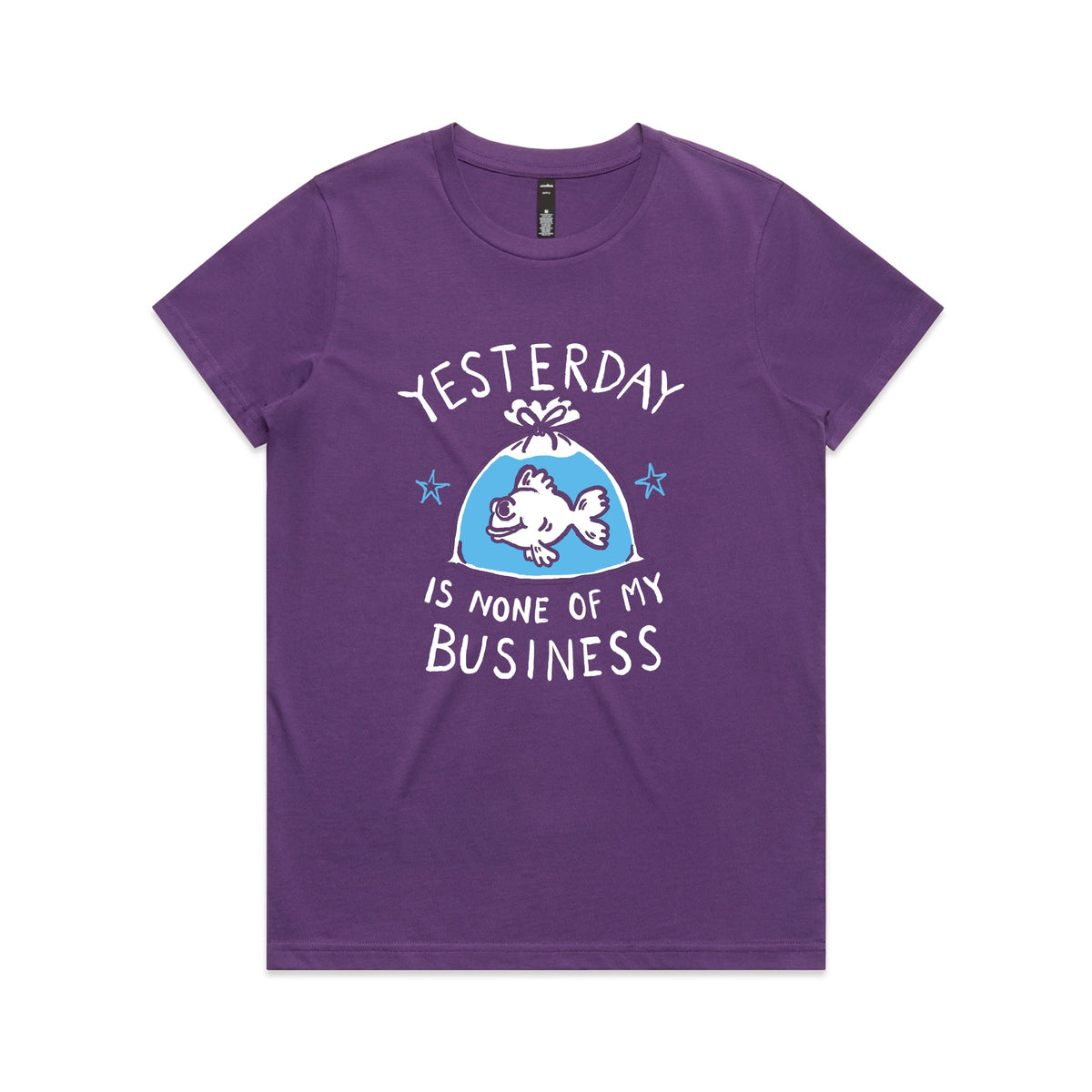 Purple fitted womens t-shirt with Yesterday graphic by Lonely Kids Club