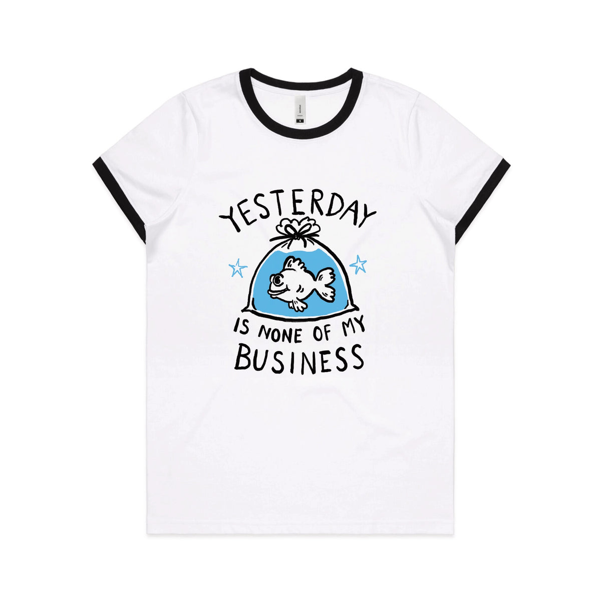 Black/White Ringer fitted womens t-shirt with Yesterday graphic by Lonely Kids Club