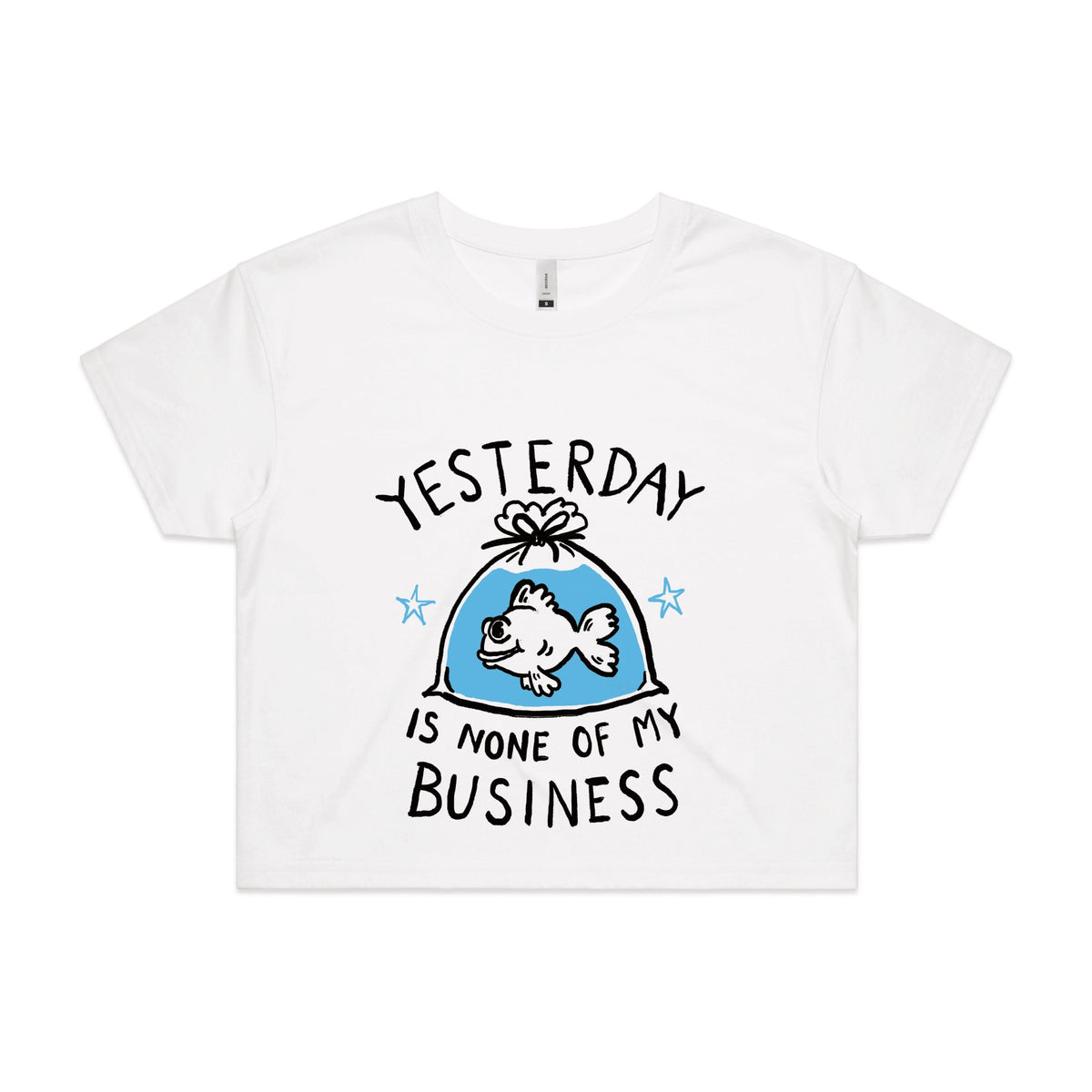 White crop top with Yesterday graphic by Lonely Kids Club