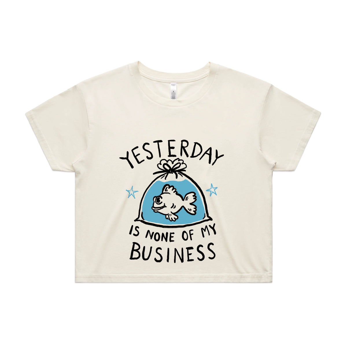 Ecru crop top with Yesterday graphic by Lonely Kids Club