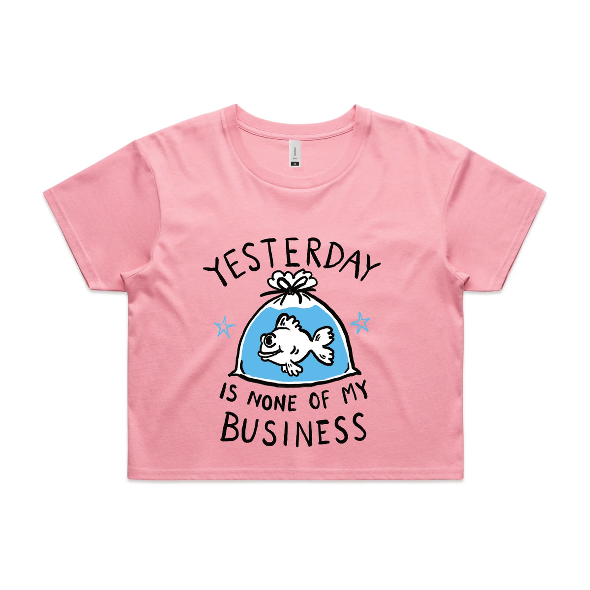 Bubblegum crop top with Yesterday graphic by Lonely Kids Club