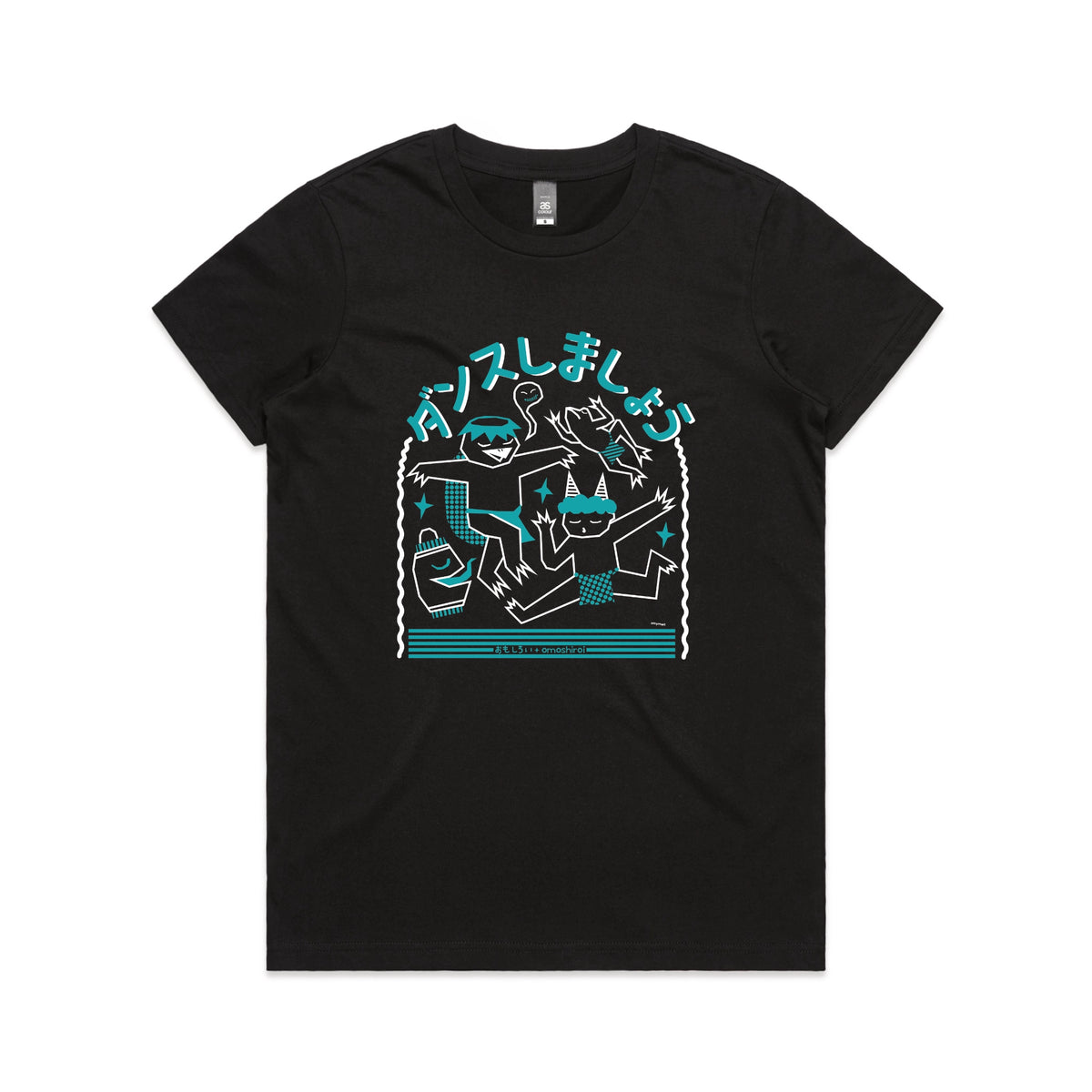 Black fitted womens t-shirt with Yokai Dance graphic by Lonely Kids Club