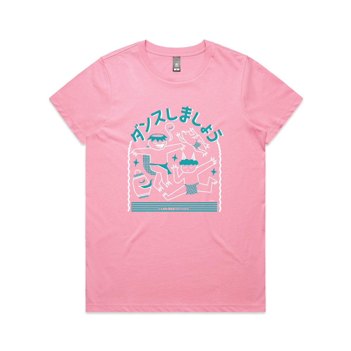 Bubblegum fitted womens t-shirt with Yokai Dance graphic by Lonely Kids Club