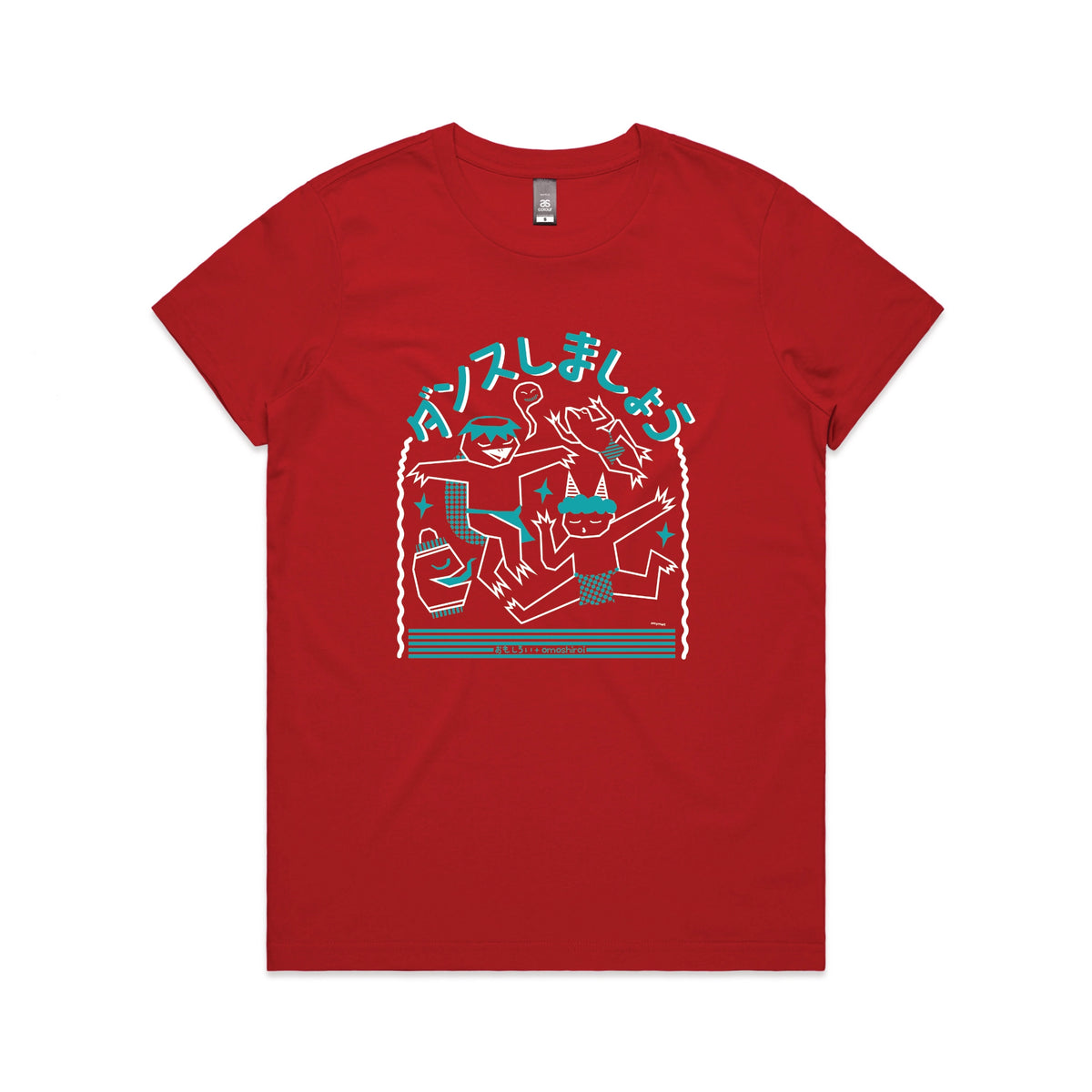Red fitted womens t-shirt with Yokai Dance graphic by Lonely Kids Club