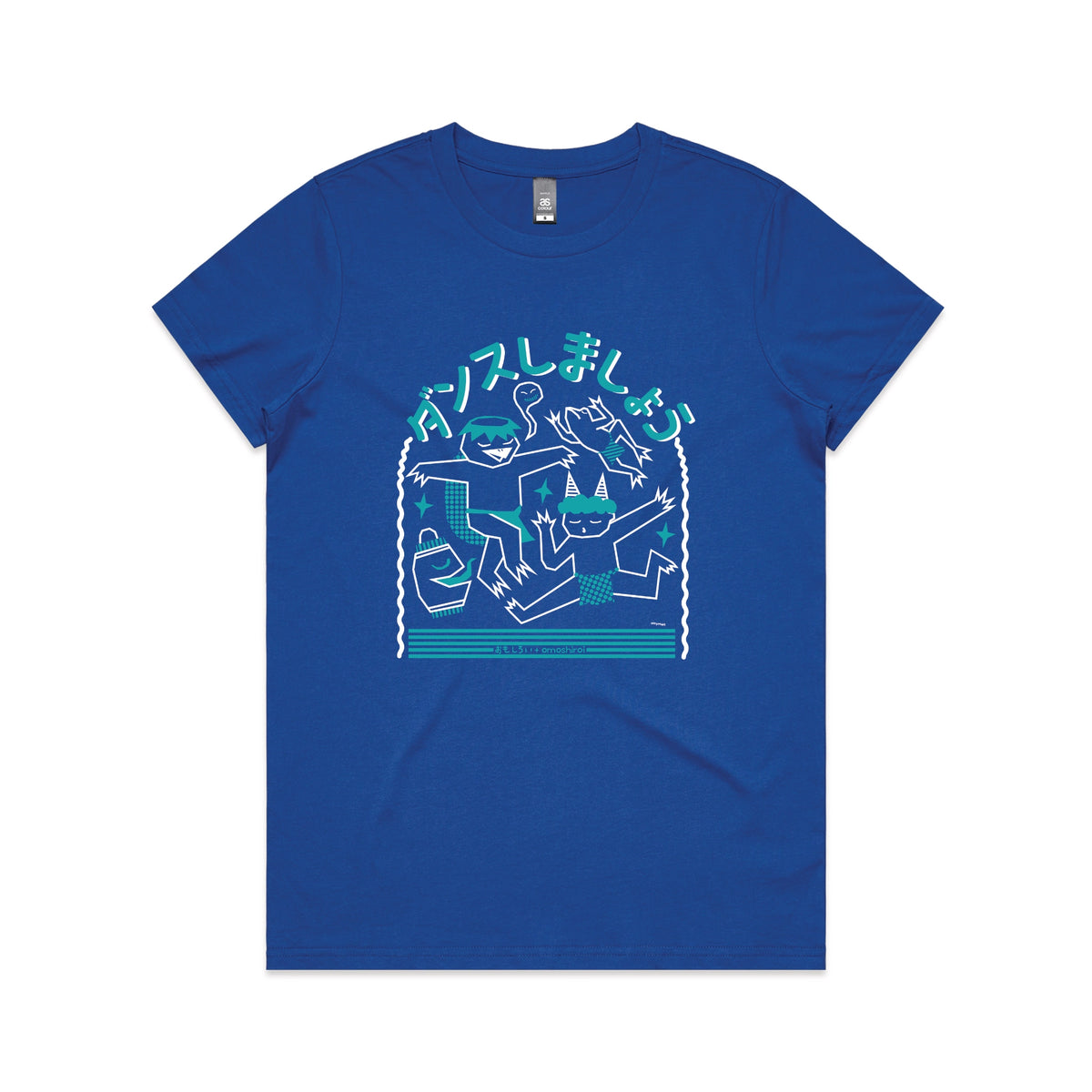 Royal Blue fitted womens t-shirt with Yokai Dance graphic by Lonely Kids Club