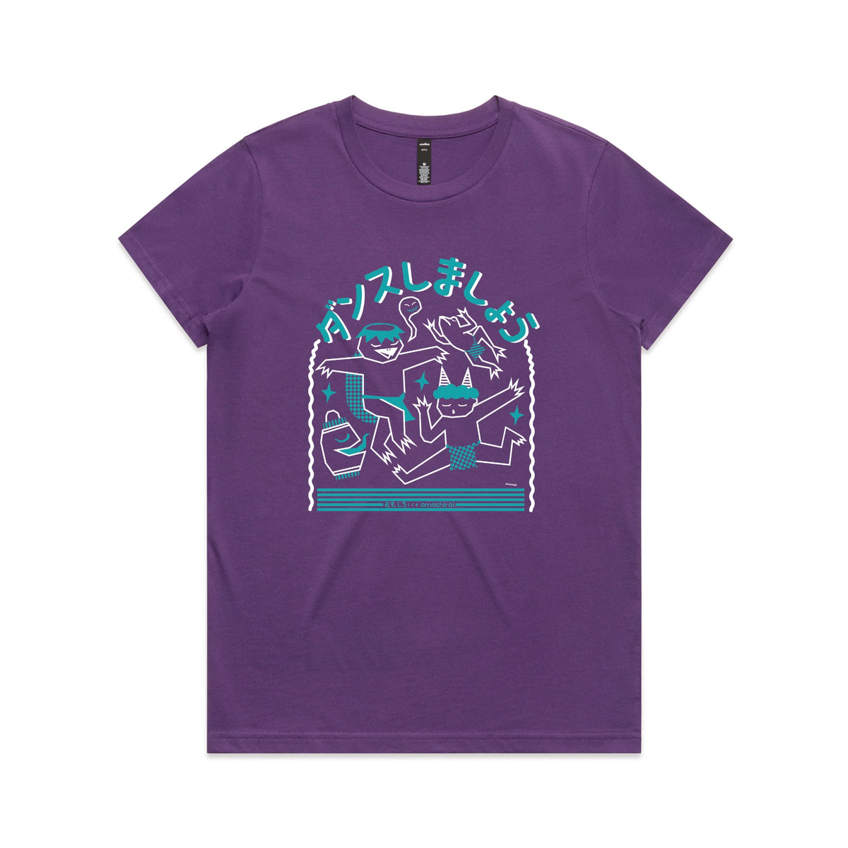 Purple fitted womens t-shirt with Yokai Dance graphic by Lonely Kids Club