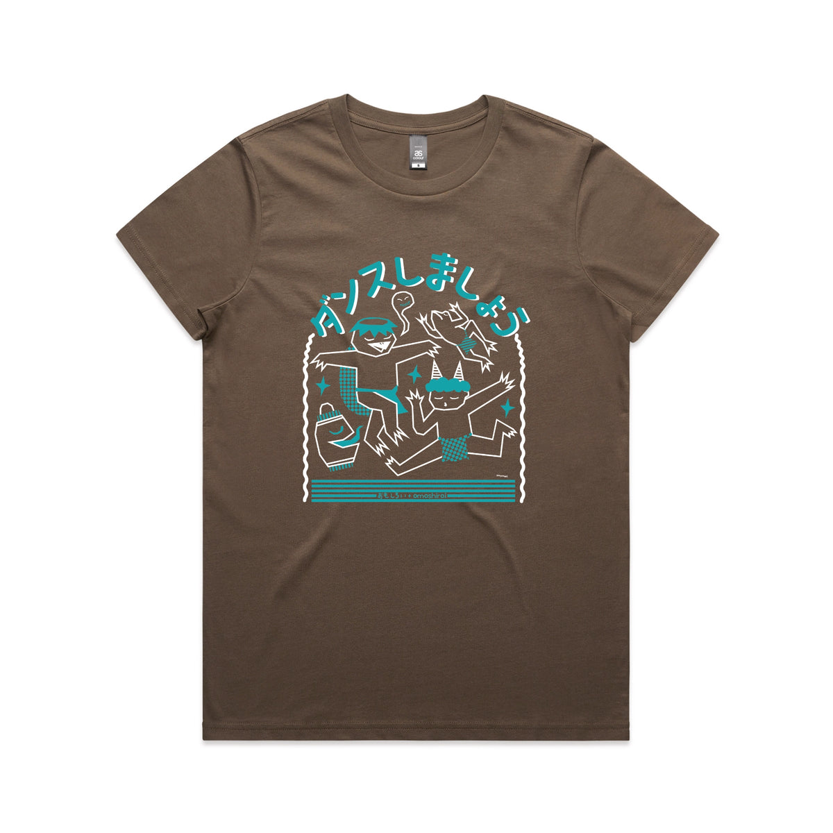Walnut fitted womens t-shirt with Yokai Dance graphic by Lonely Kids Club