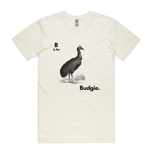 B Is For Budgie Tee by Lonely Kids Club. All clothing from our T-shirts to our shorts and hoodies are ethically made, and printed packed and shipped from Sydney.