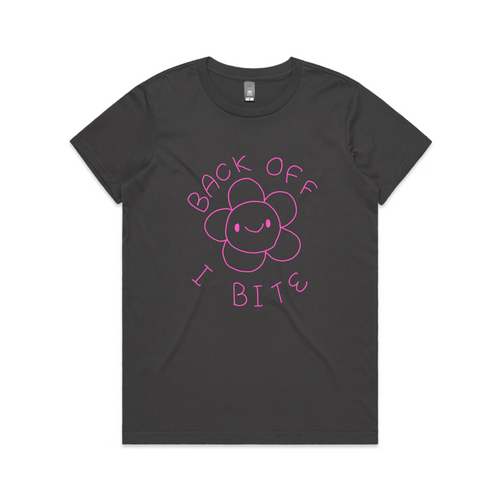 Back Off, I Bite Tee by Lonely Kids Club. All clothing from our T-shirts to our shorts and hoodies are ethically made, and printed packed and shipped from Sydney.