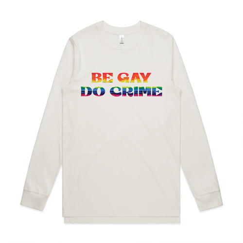 Be Gay Do Crime Tee by Lonely Kids Club. All clothing from our T-shirts to our shorts and hoodies are ethically made, and printed packed and shipped from Sydney.