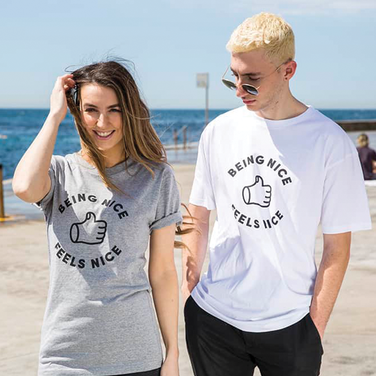 Models wearing Lonely Kids Club Being Nice Feels Nice tees, mental health positive Australian streetwear printed in Sydney