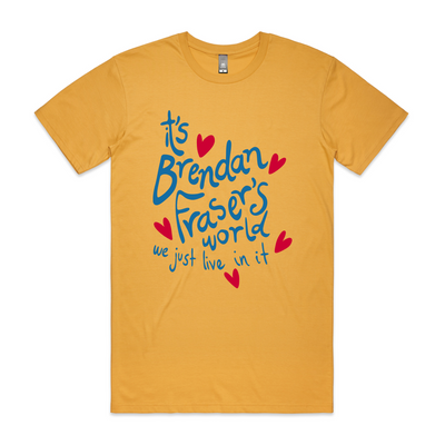 Brendan Fraser's World Tee by Lonely Kids Club. All clothing from our T-shirts to our shorts and hoodies are ethically made, and printed packed and shipped from Sydney.