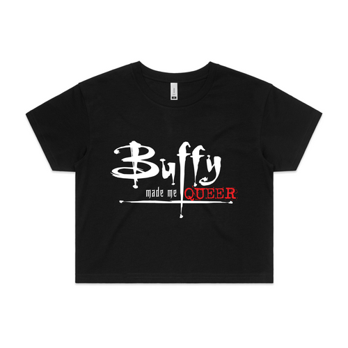 Buffy Made Me Queer Tee by Lonely Kids Club. All clothing from our T-shirts to our shorts and hoodies are ethically made, and printed packed and shipped from Sydney.