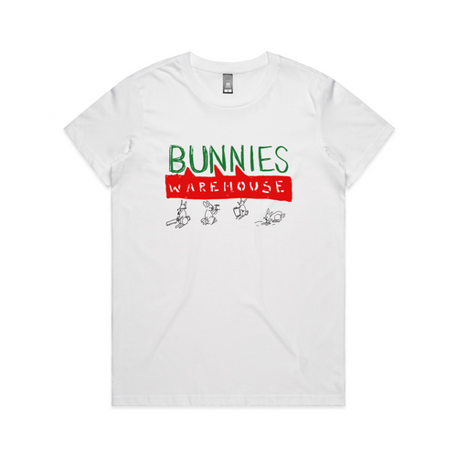 Bunnies Warehouse Tee by Lonely Kids Club. All clothing from our T-shirts to our shorts and hoodies are ethically made, and printed packed and shipped from Sydney.