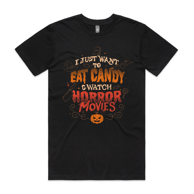 Candy & Horror Movies Tee by Lonely Kids Club. All clothing from our T-shirts to our shorts and hoodies are ethically made, and printed packed and shipped from Sydney.