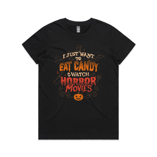 Candy & Horror Movies Tee by Lonely Kids Club. All clothing from our T-shirts to our shorts and hoodies are ethically made, and printed packed and shipped from Sydney.