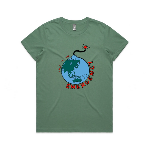 Climate Emergency Tee by Lonely Kids Club. All clothing from our T-shirts to our shorts and hoodies are ethically made, and printed packed and shipped from Sydney.