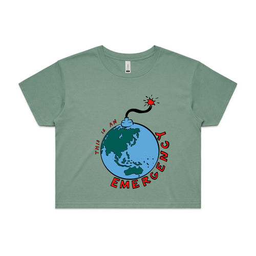 Climate Emergency Tee by Lonely Kids Club. All clothing from our T-shirts to our shorts and hoodies are ethically made, and printed packed and shipped from Sydney.