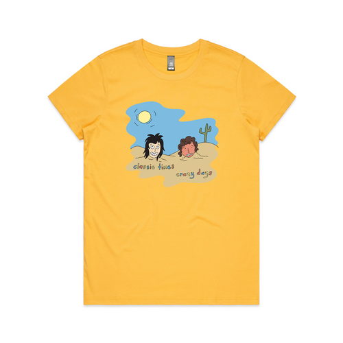 Classic Times, Crazy Days Tee by Lonely Kids Club. All clothing from our T-shirts to our shorts and hoodies are ethically made, and printed packed and shipped from Sydney.