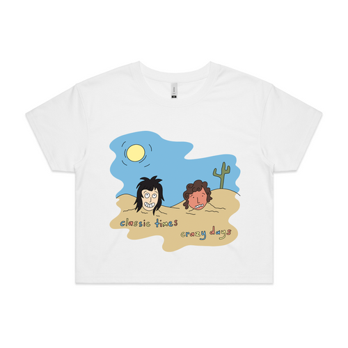 Classic Times, Crazy Days Tee by Lonely Kids Club. All clothing from our T-shirts to our shorts and hoodies are ethically made, and printed packed and shipped from Sydney.