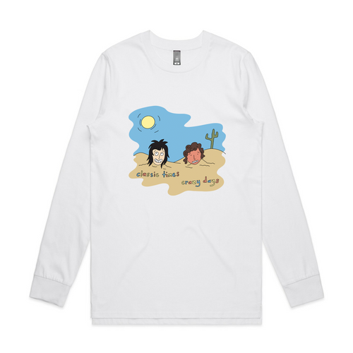 Classic Times, Crazy Days Tee by Lonely Kids Club. All clothing from our T-shirts to our shorts and hoodies are ethically made, and printed packed and shipped from Sydney.