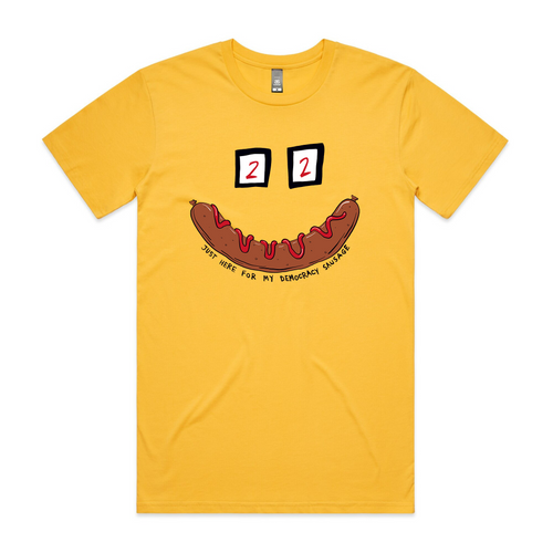 Democracy Sausage Tee by Lonely Kids Club. All clothing from our T-shirts to our shorts and hoodies are ethically made, and printed packed and shipped from Sydney.