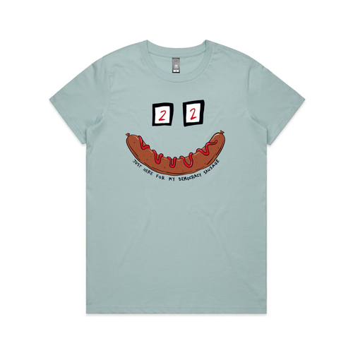 Democracy Sausage Tee by Lonely Kids Club. All clothing from our T-shirts to our shorts and hoodies are ethically made, and printed packed and shipped from Sydney.