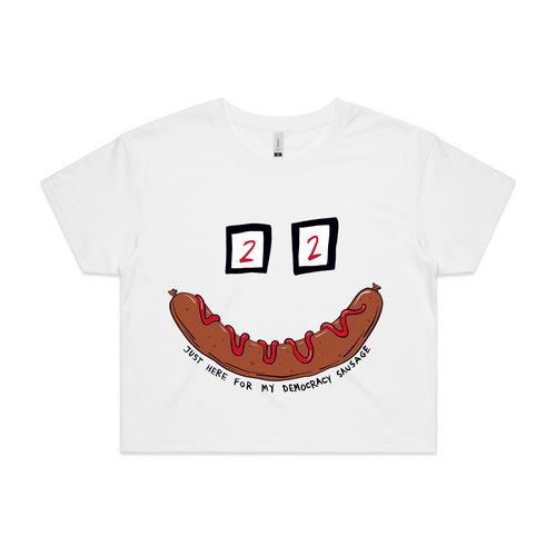Democracy Sausage Tee by Lonely Kids Club. All clothing from our T-shirts to our shorts and hoodies are ethically made, and printed packed and shipped from Sydney.