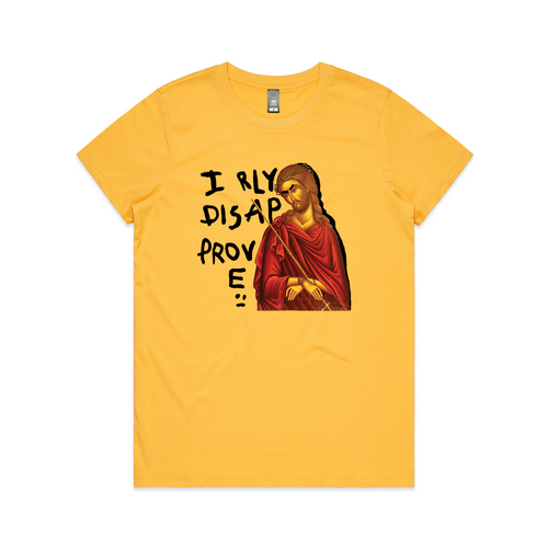 Disapproving Jesus Tee by Lonely Kids Club. All clothing from our T-shirts to our shorts and hoodies are ethically made, and printed packed and shipped from Sydney.