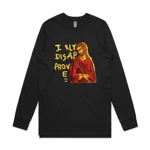 Disapproving Jesus Tee by Lonely Kids Club. All clothing from our T-shirts to our shorts and hoodies are ethically made, and printed packed and shipped from Sydney.
