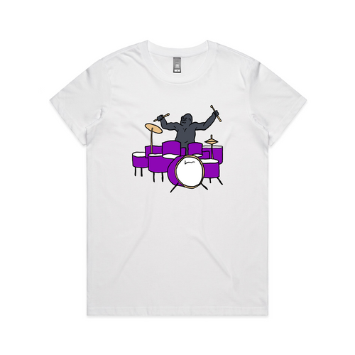 Drumming Gorilla Tee by Lonely Kids Club. All clothing from our T-shirts to our shorts and hoodies are ethically made, and printed packed and shipped from Sydney.