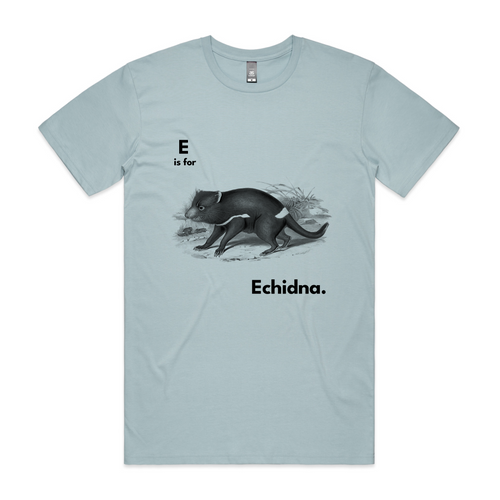 E Is For Echidna Tee by Lonely Kids Club. All clothing from our T-shirts to our shorts and hoodies are ethically made, and printed packed and shipped from Sydney.