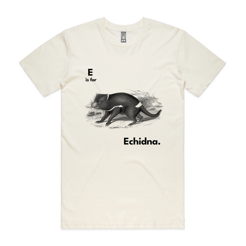 E Is For Echidna Tee by Lonely Kids Club. All clothing from our T-shirts to our shorts and hoodies are ethically made, and printed packed and shipped from Sydney.