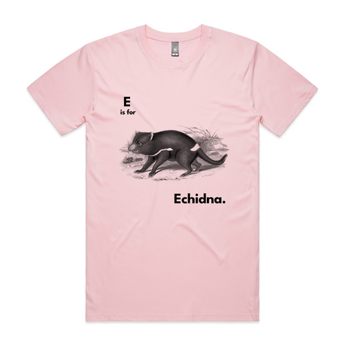 E Is For Echidna Tee by Lonely Kids Club. All clothing from our T-shirts to our shorts and hoodies are ethically made, and printed packed and shipped from Sydney.