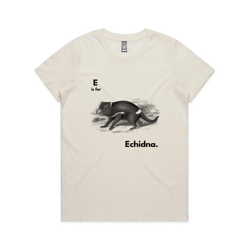 E Is For Echidna Tee by Lonely Kids Club. All clothing from our T-shirts to our shorts and hoodies are ethically made, and printed packed and shipped from Sydney.