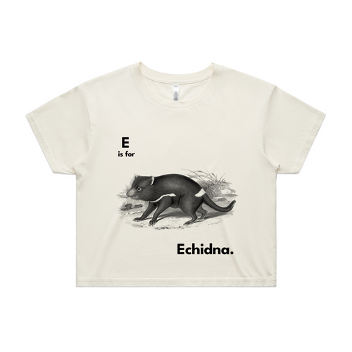 E Is For Echidna Tee by Lonely Kids Club. All clothing from our T-shirts to our shorts and hoodies are ethically made, and printed packed and shipped from Sydney.