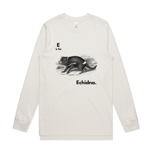 E Is For Echidna Tee by Lonely Kids Club. All clothing from our T-shirts to our shorts and hoodies are ethically made, and printed packed and shipped from Sydney.