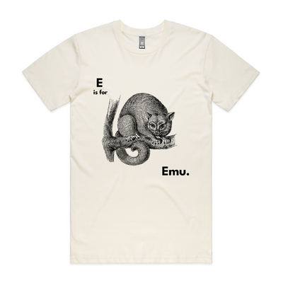 E Is For Emu Tee by Lonely Kids Club. All clothing from our T-shirts to our shorts and hoodies are ethically made, and printed packed and shipped from Sydney.